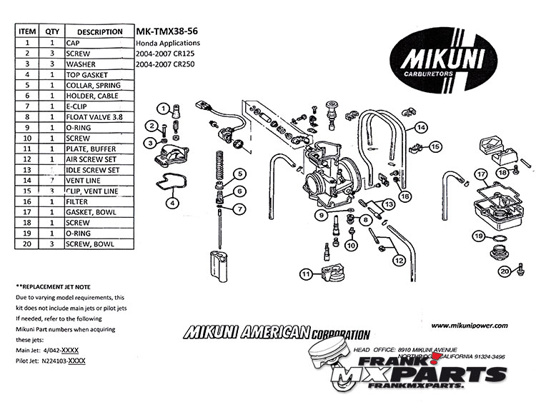 Kit De Réparation Carburateur Pour Honda CR125R 2004-2007 – Compatible Mikuni TMX 38 Avec TPS – Joints Et Pièces En Laiton/caoutchouc